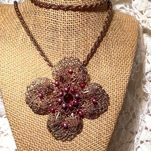 VINTAGE 1950s 1960s  RED RHINESTONE PURPLE FAUX PEARL GOLDTONE FILIGREE PENDANT